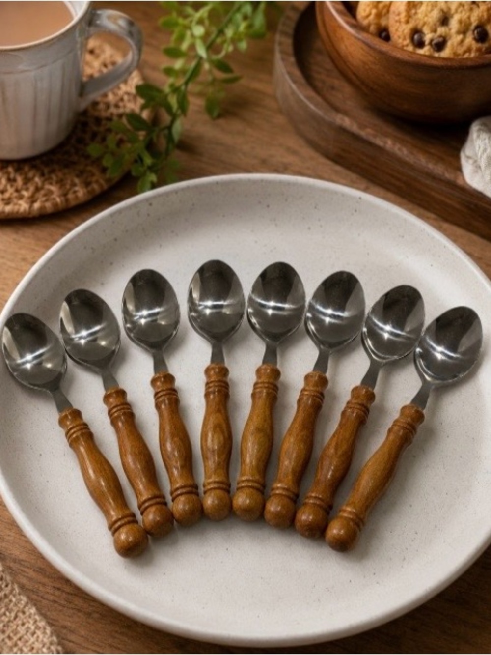 VTG Teak Wood Handle Stainless Steel Teaspoons Set of 8 MCM Taiwan Retro Flatwar